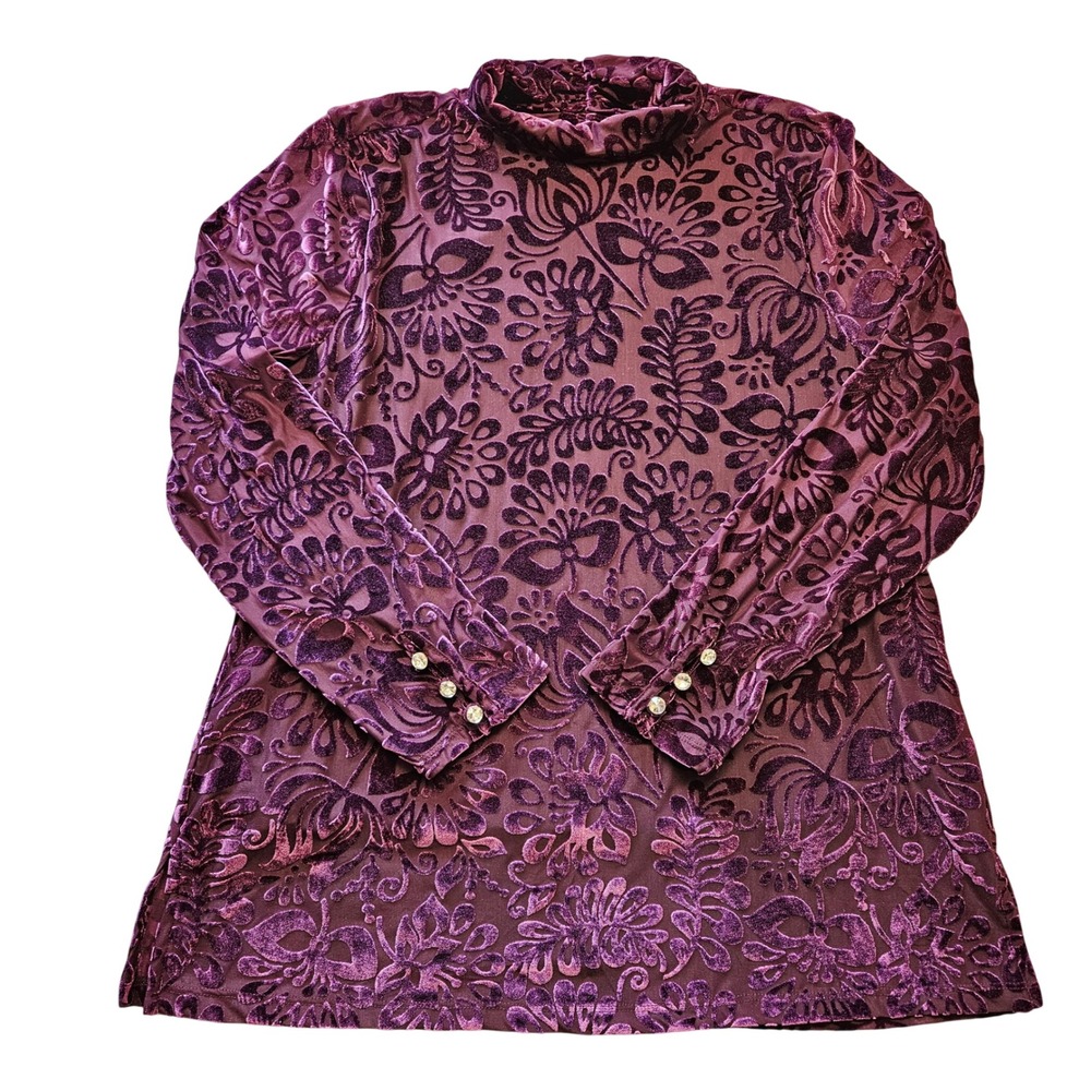 Soft Surroundings Purple Burnout Velvet Mock Neck Floral Top Size PM Whimsy
